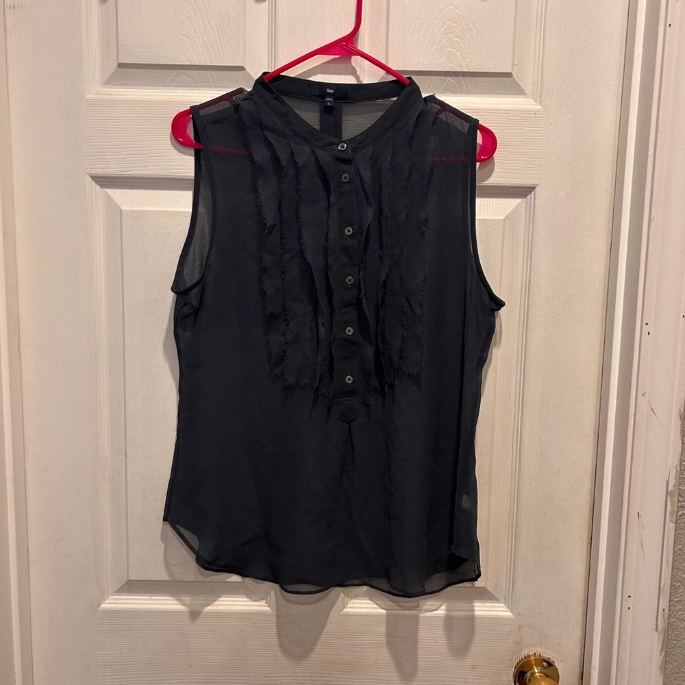 Gap Women Gray Sleeveless Sheer Button Front Ruffle Blouse Top Size L Whimsigoth